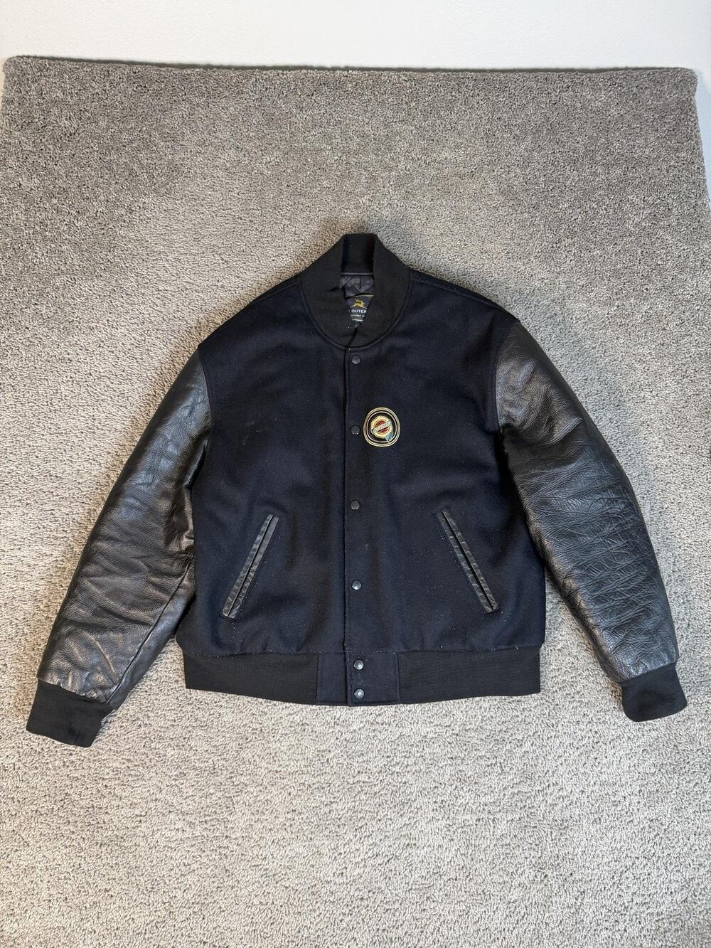 Vintage Chrysler Varsity Jacket Mens L Black Wool Leather Sleeves Cooper